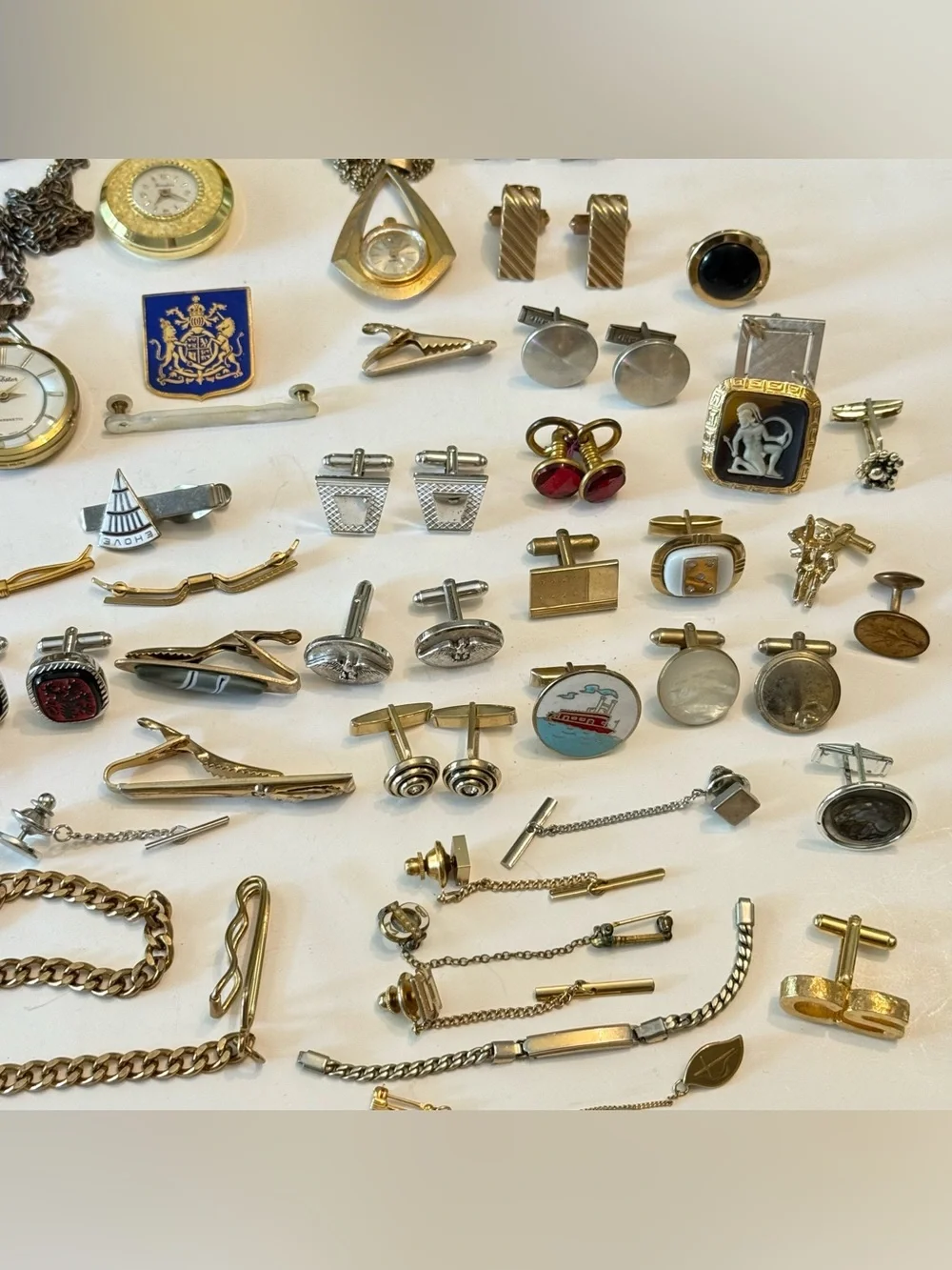 Huge Lot Of Men’s Tie Clips Cuff links Watches Junk Drawer Pins Medals